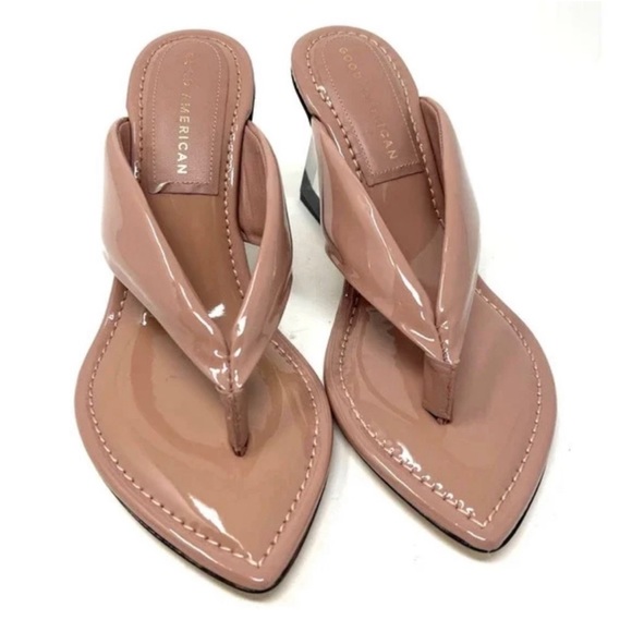 Good American Cinderella Thong Straps Clear Wedge Sandal Heel Dusty Pink Nude 7 - Picture 7 of 11